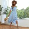 Women Casual Summer Floral High Waist Slash Neck Short Sleeve Irregular Long Dress S-XL