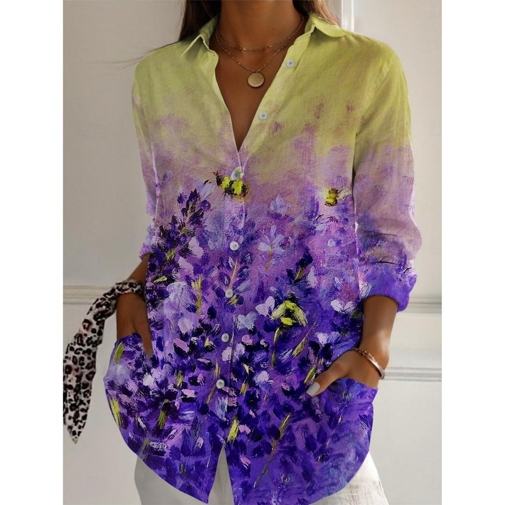 Women's Shirt Floral Active Stylish Buttons Blouse Lapel Neck Blouse Womens Long Sleeve Shirt Womens Clothing