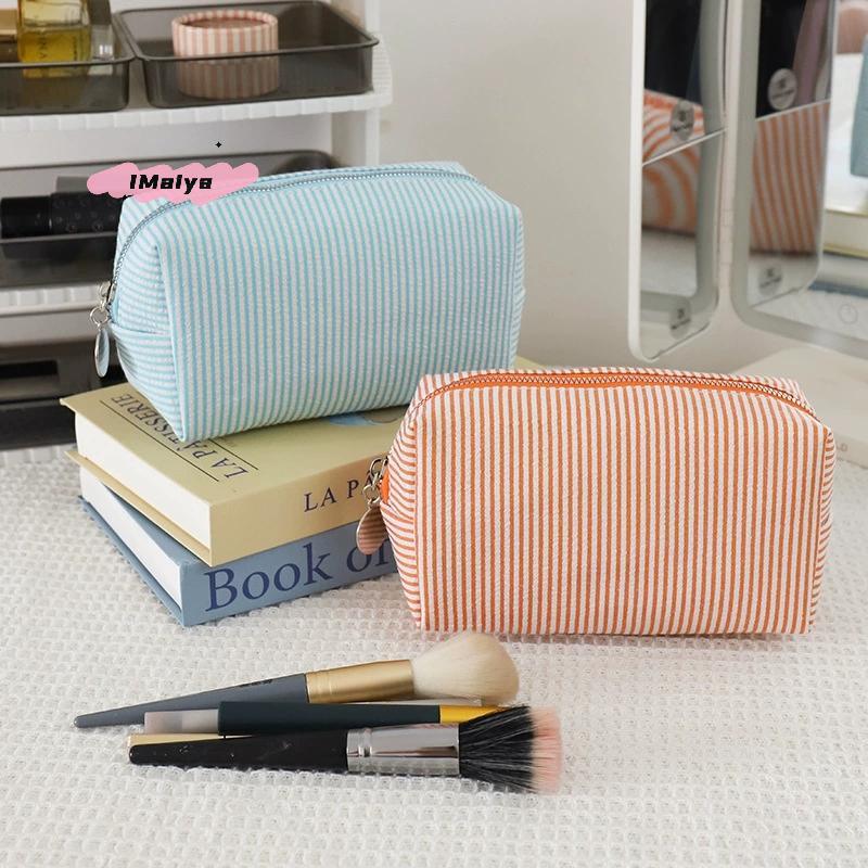 M-1Pc Fresh Simple Striped Cosmetic Bag Large Capacity Makeup Bag Pencil Case Travel Toiletries Bags Toiletry Storage Pouch