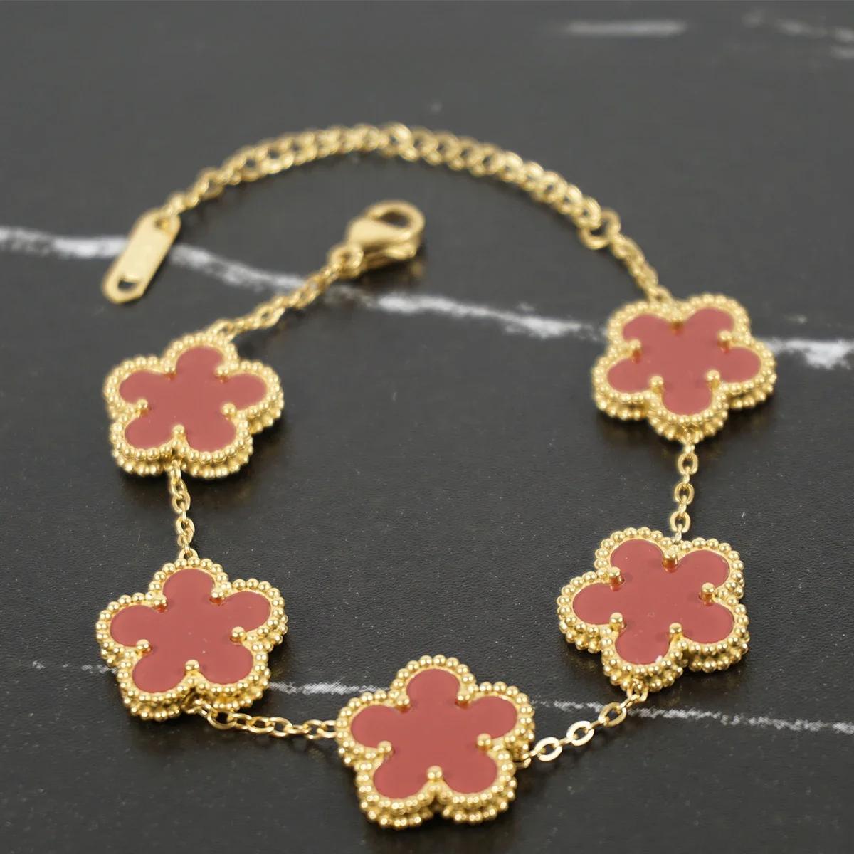 

Регулируемый браслет из нержавеющей стали с ботаническим цветком с пятью лепестками, роскошный подарок, женский клевер