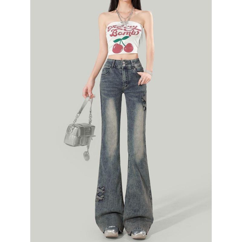 Vintage Blue High-Waisted Bow Button Flared Jeans большой