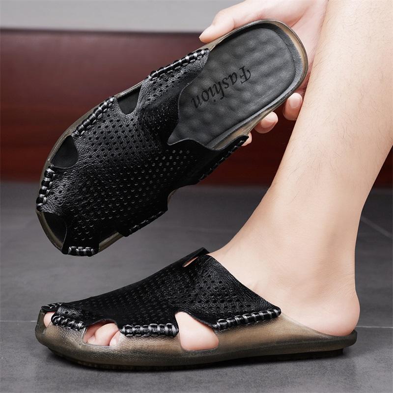 Fashion Anti-Slip Outdoor Half Drag Handmade Hollow Out Flats Slip on Shoes Man Flip Flops Quick Dry Men's Leather Slides Male Slippers