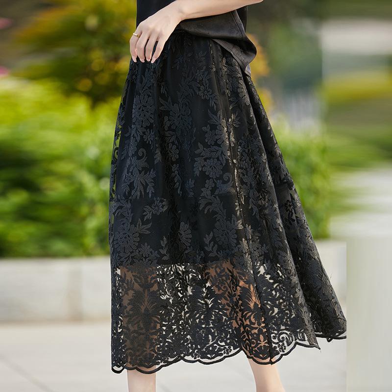 2024 Summer Chinese Style Embroidered Acetate Satin Midi Skirt with Lace Trim