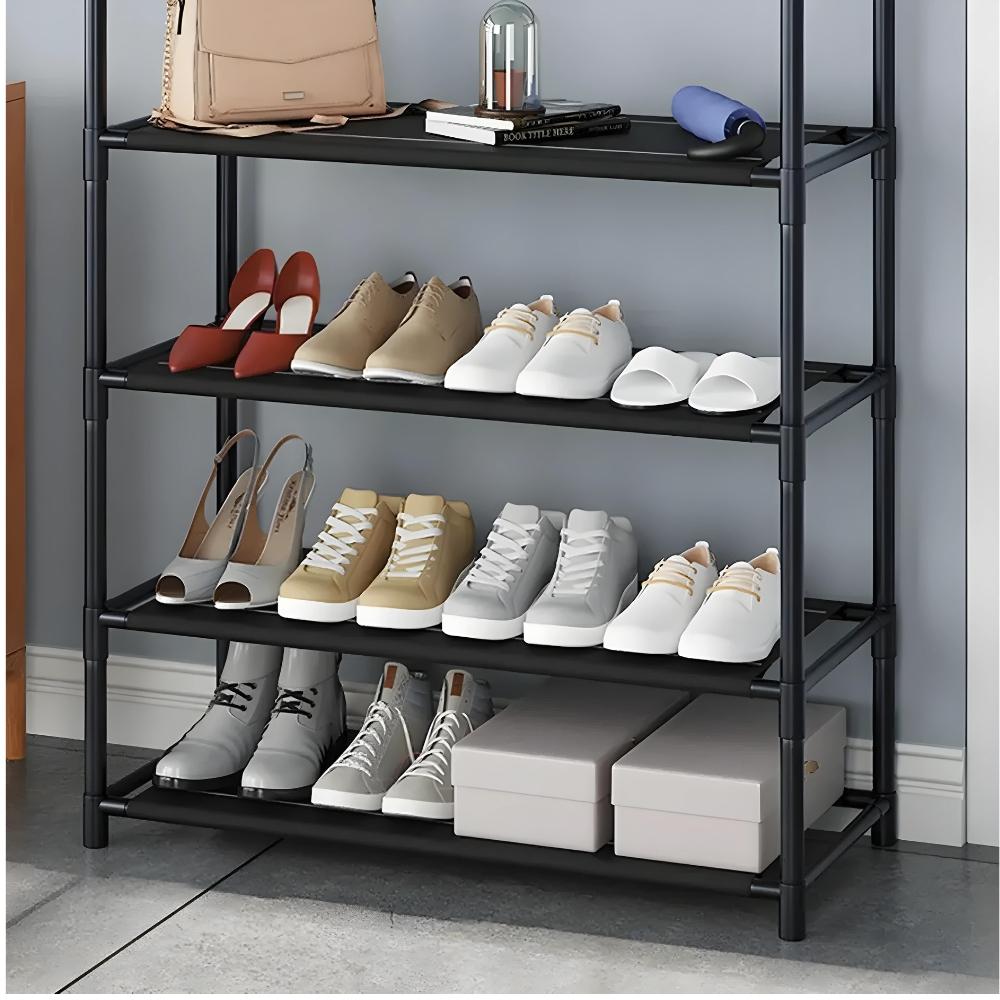 Standing clothes rack for shoes in the hallway with shelves, black, wardrobe
