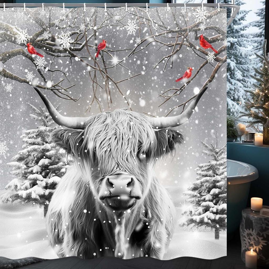 Christmas Shower Curtain Set, Farmhouse Funny Western Cow Fabric Shower Curtains, Merry Christmas Winter Forest Snow Pine Tree