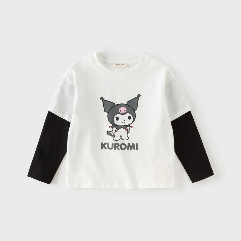 Kuromi Collaboration with David Bella Girls  Long-Sleeve T-Shirt 2026 New Spring Collection for Older Children, Faux Two-Piece Base Shirt Steam White [Ready in Stock] 130