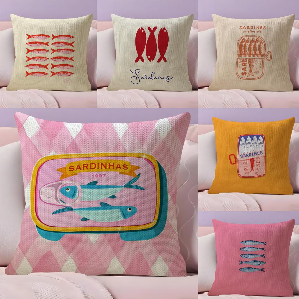 Coastal Charm SardineS Cushion Cover Natural Linen Pillow Case DoubleSided Print Decorative Sofa Pillowcase Home Decor Gift