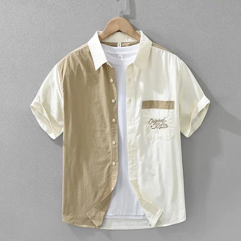 Men's Color Block Short Sleeve Shirt Casual Cotton Button Down Top with Embroidery