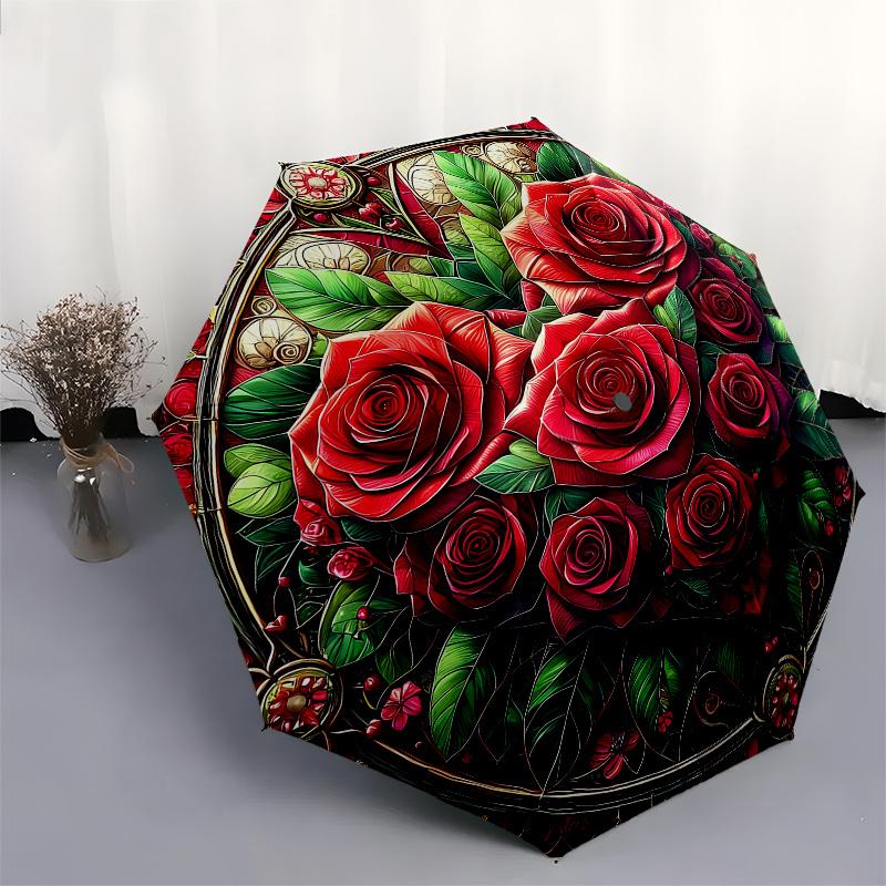 Stunning Rose Mandala Stained Cute Wall Art Decor Umbrella - Cute Umbrella with Cute Design, Portable 3-Fold Compact Umbrella