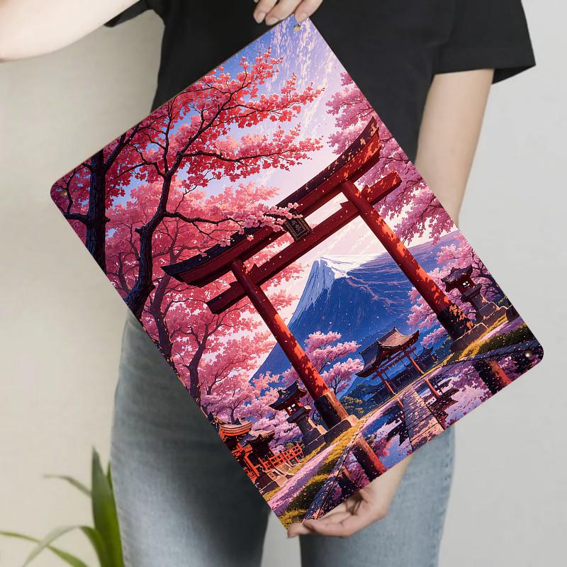 

Japanese Fuji Mountain Cherry Blossom Torii Gate Scenery Metal Iron Painting Living Room Wall Art Decor 20x30cm（7.8x11.8inch）