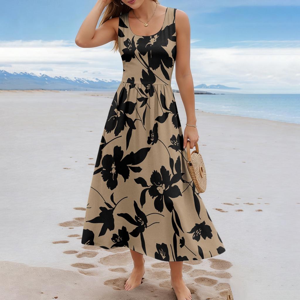 Damen-Sommerkleid mit Blumenmuster, lässig und modisch, ärmellos, lang