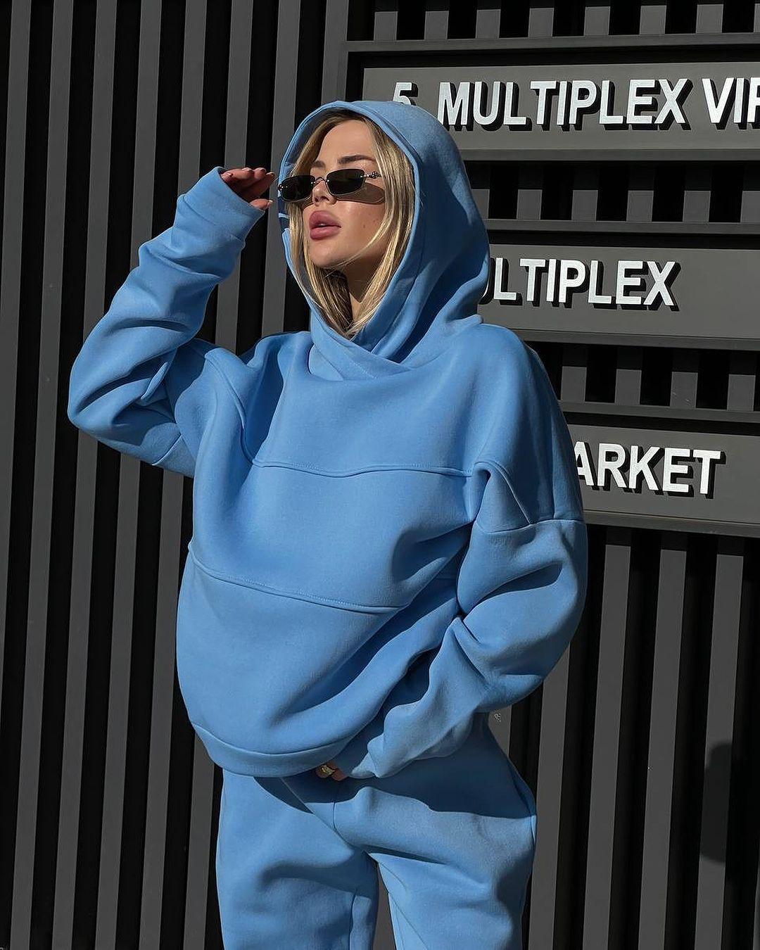 

2024 Autumn/Winter Women s Solid Color Patchwork Hooded Top & Pants Set - Fashionable and Casual XL синій