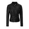 Womens PU Leather Biker Jacket With Stand Collar Slim Fit Zipper Front Casual Streetwear Coat