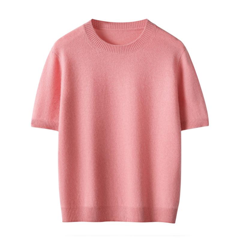 Solid Color Cashmere Blend Sweater, Lightweight, Short-Sleeved, Round Neck, Relaxed Fit, Five-Point Sleeves, Ideal for Layering