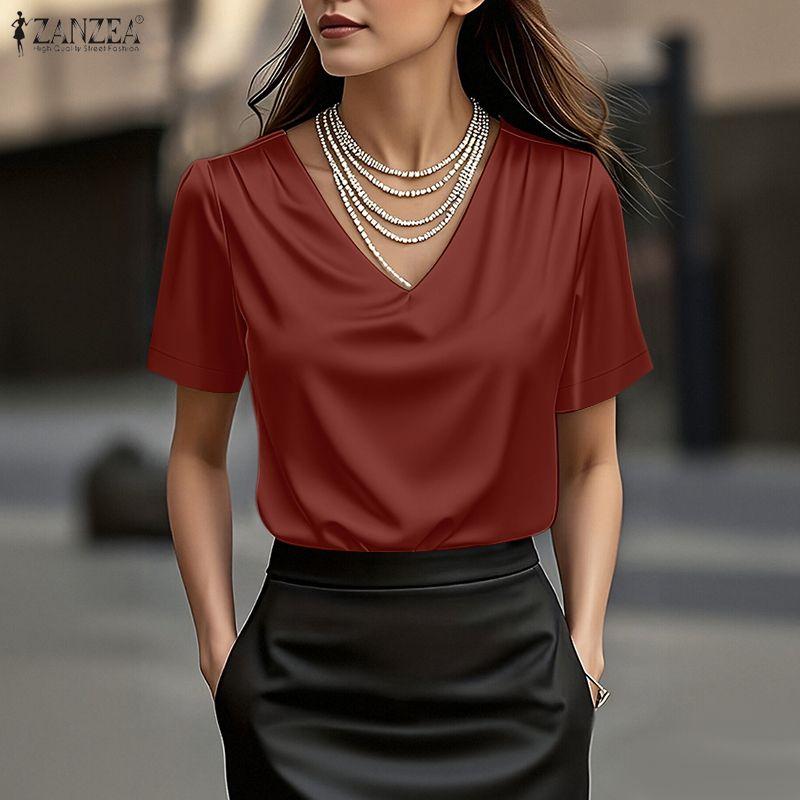 ZANZEA Blouse Décontractée à Col V Ample à Manches Courtes pour Femme
