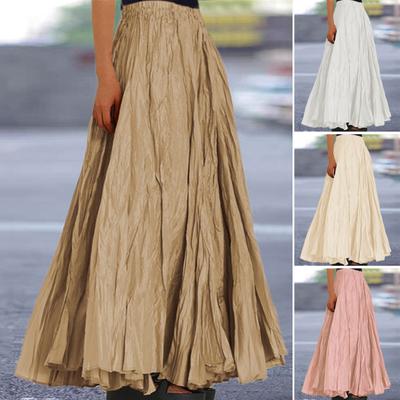 Women Skirt Elastic High Waist Pleated Maxi Skirt Solid Color A-Line Ankle-Length