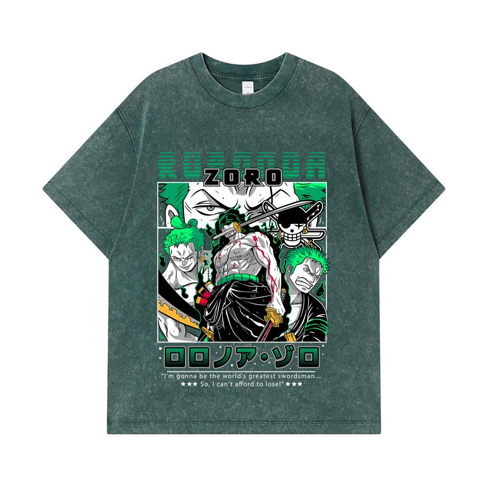 275 GSM Gewaschene T-Shirts 100% Baumwolle Einteilig V74 Zoro Aufdruck Unisex Schweres Baumwoll-T-Shirt