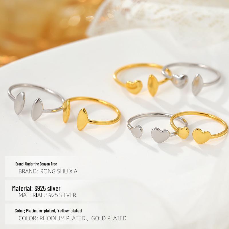 Banyan Tree S925 Silver Asymmetrical Geometric Love Ring - Light Luxury Design for Women, New Trend Index Finger Jewelry