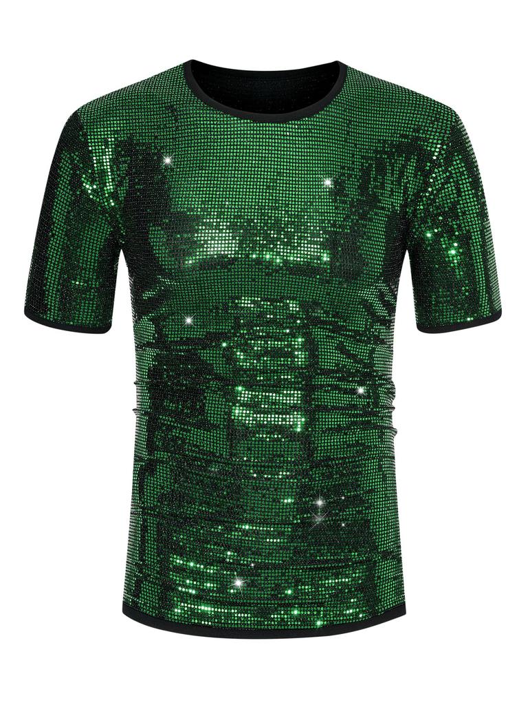 Pailletten Kurzarm Rundhals Nacht Schnitt und Glänzend S [Lars Amadeus] Herrenhemd, Ärmel, Hals, Club, Party, Nähen, T-Shirt, Grün,