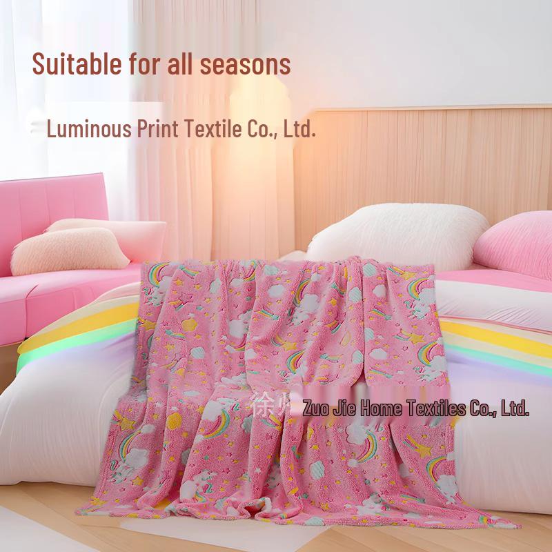 Pink Sparkly Glow-in-the-Dark Double Flannel Blanket – Shimmering Rainbow Cloud Design