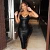2024 European & American Style Sexy PU Dress with Suspenders, Waist-Slimming, Hip Slit - Nightclub Fashion for Women