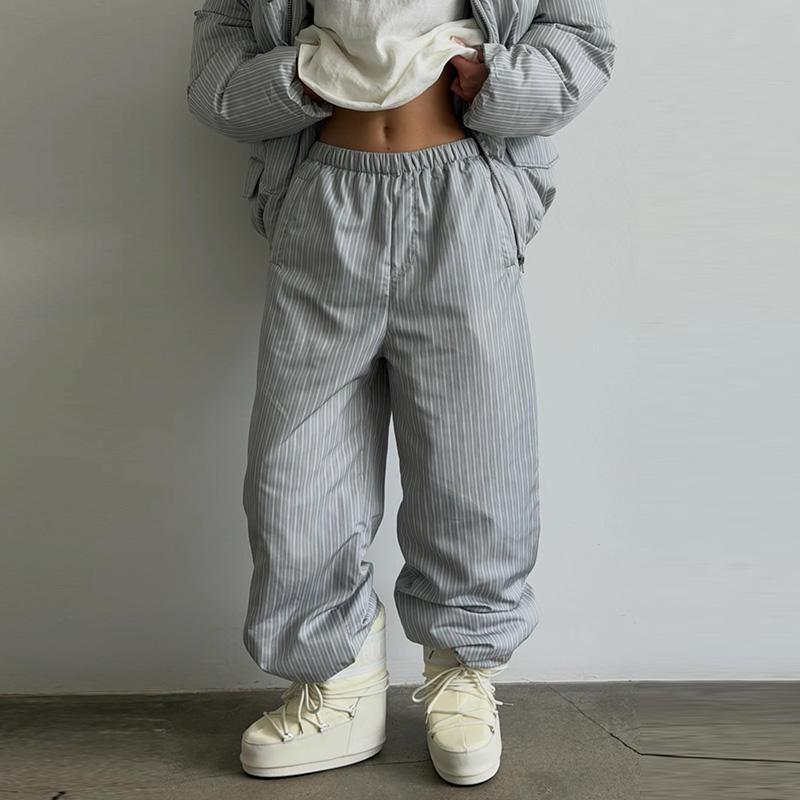 Fashion Stripe Women's Padded Cotton Coats Pant Suit Hooded Zipper Puffer Coat Loose Thick Pants Autumn Winter Lady Ski Set