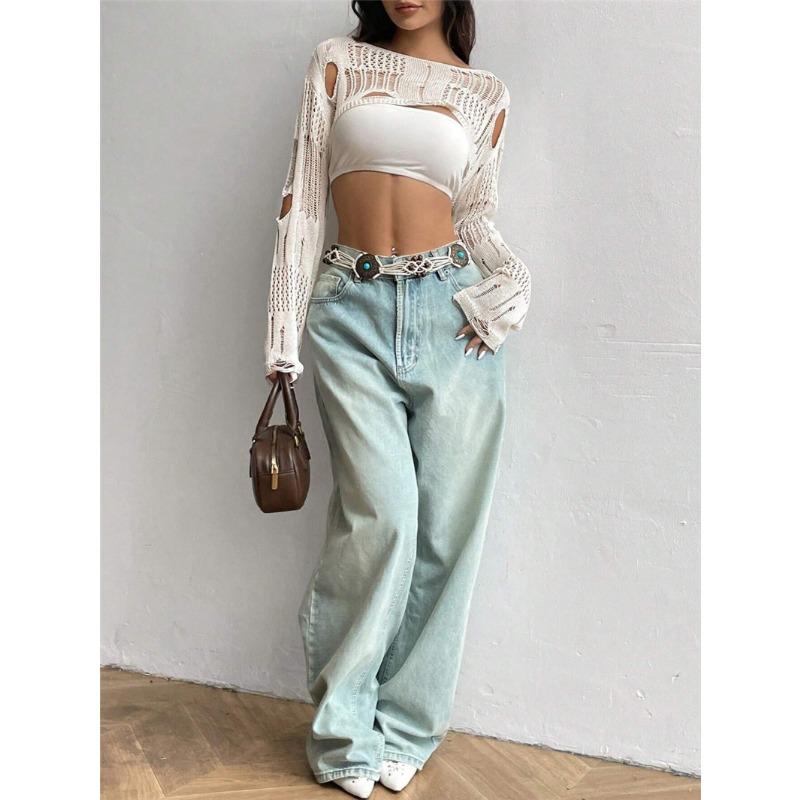 Women S Crochet Hollow Out Long Sleeve Short Knit Sweater