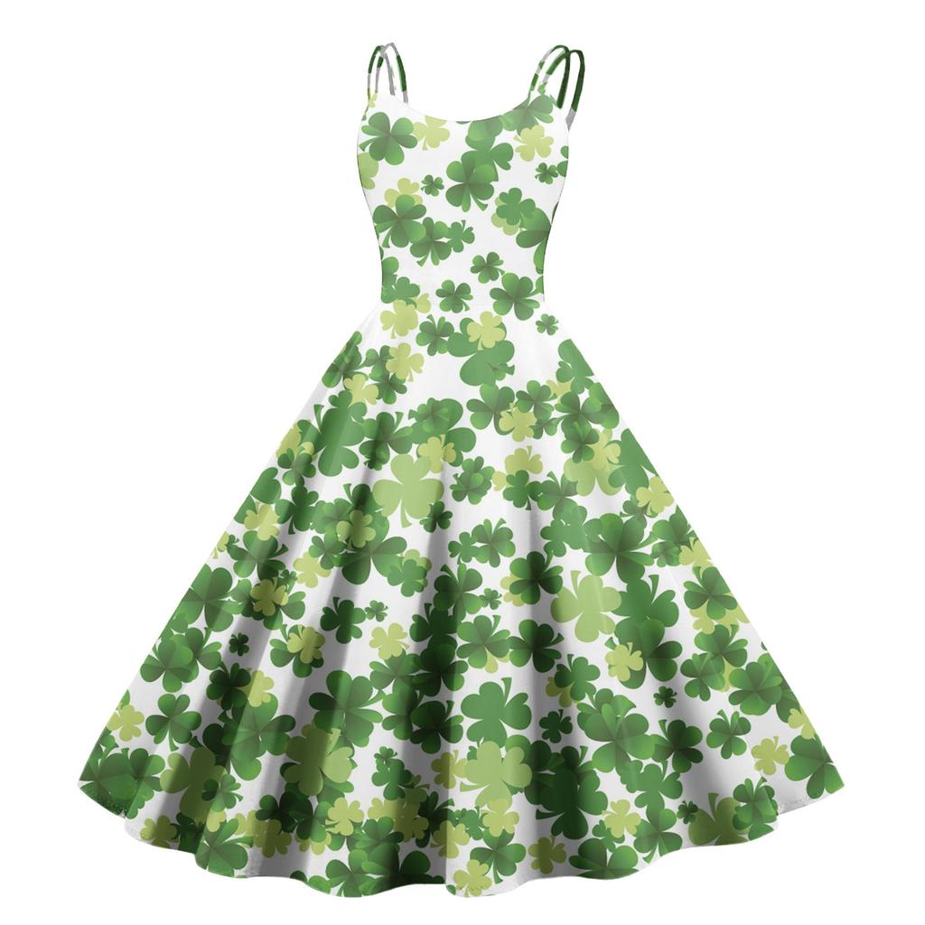 Women's Fashion St. Patrick's Day Print Sexy Off Shoulder Vintage Dress