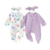 Citgeett Autumn Infant Baby Girls Outfit Long Sleeve Solid Flower Footies Jumpsuit Headband Fall Clothes