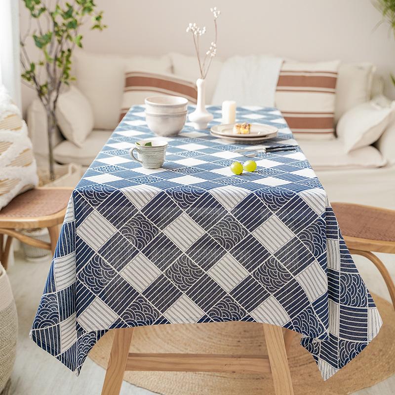 Round/Rectangle Tablecloth With Plaid Geometry Polyester Cotton Dust-Proof Washable Table Cover For Coffee Tea Dining Decoration