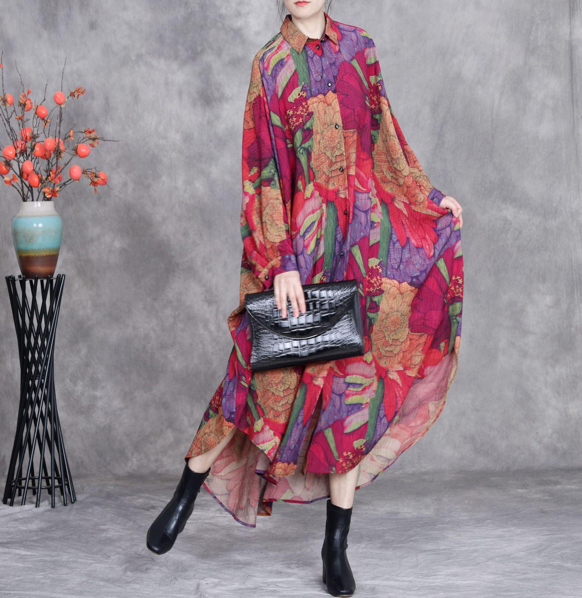 

Johnature Women Vintage Print Floral Shirtdresses Turn-down Collar Bat Sleeve Loose Spring Button Irregular Dress One Size