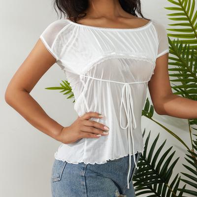 Women 's Lace Flower Crochet Tops, Cap Sleeve Low Cut Drawstring T-shirt Female Off Shoulder Clothing