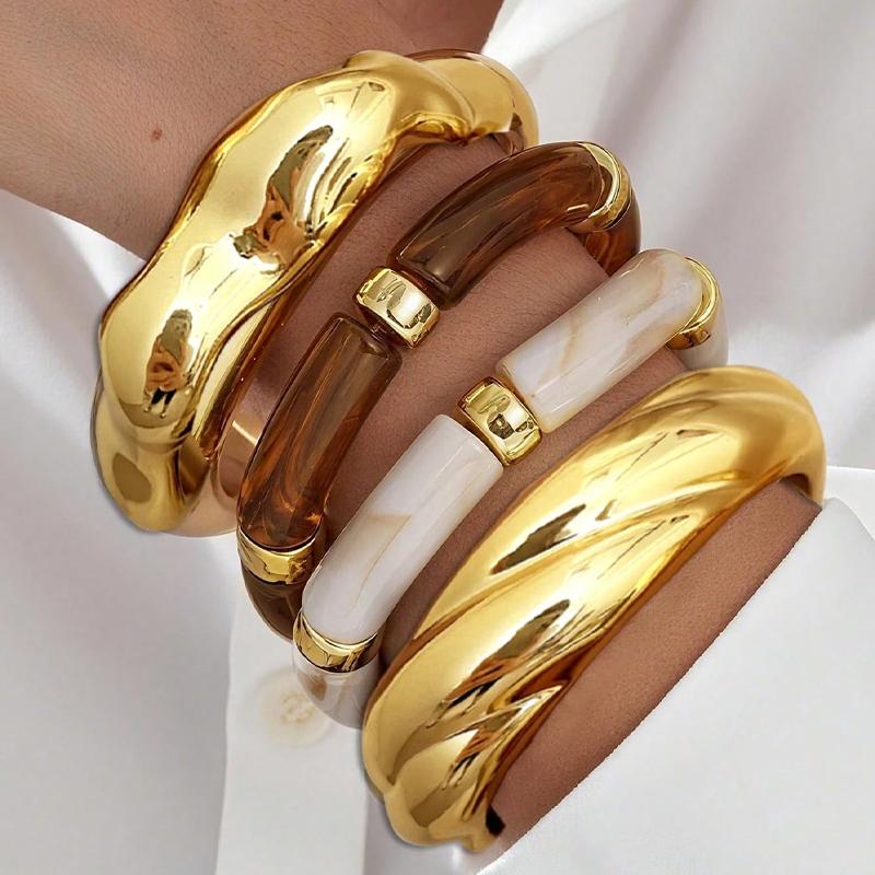 

17KM 4 Pcs Resin Bamboo Bracelet Set For Women Chunky Stackable Bangle Trendy Acrylic Cuff Bracelets Party Daily Wear Jewelry Gifts