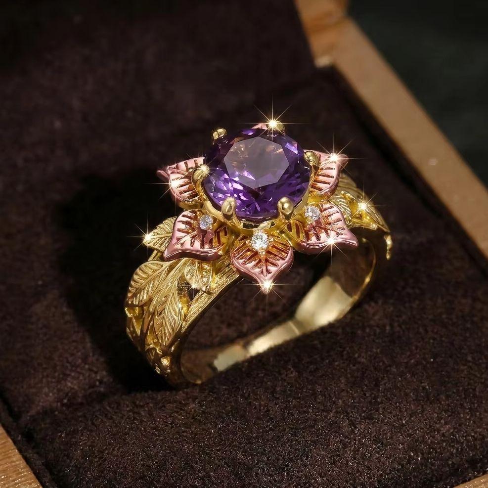 Vintage Purple Flower Ring for Women Inlaid Sparkling Cubic Zirconia Finger Ring Wedding Engagement Anniversary Jewelry Gift