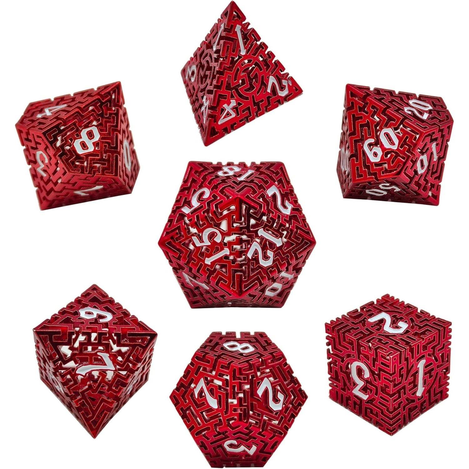 

Набор металлических полых многогранных игральных костей DND, дизайн лабиринта, подходящий для Dungeons and Dragons, настольных игр Warhammer D&D RPG и других игральных костей красный