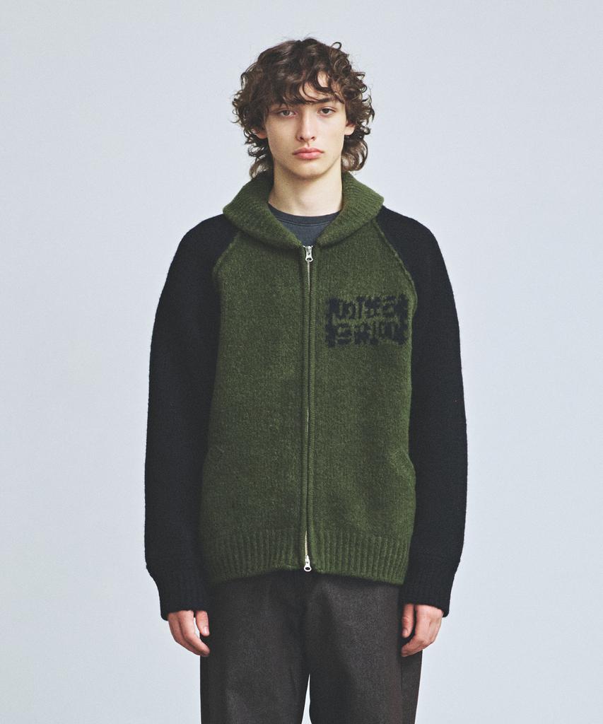 Knitted Bulky Wool Stadium Zip-Up Khaki-Black