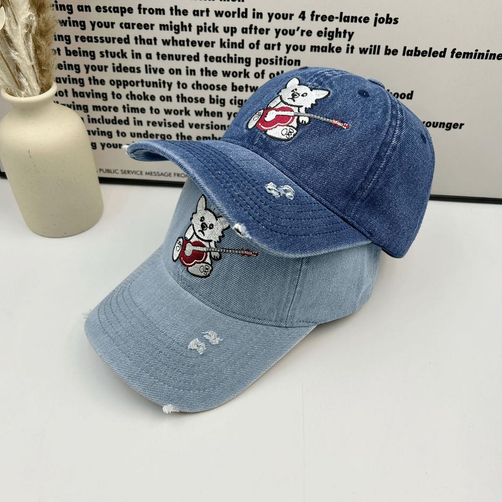 Cute Bear Washed Denim Ripped Baseball Cap Children Spring and Summer Sunshade Showing Face Small Wide Brim Couple Cap