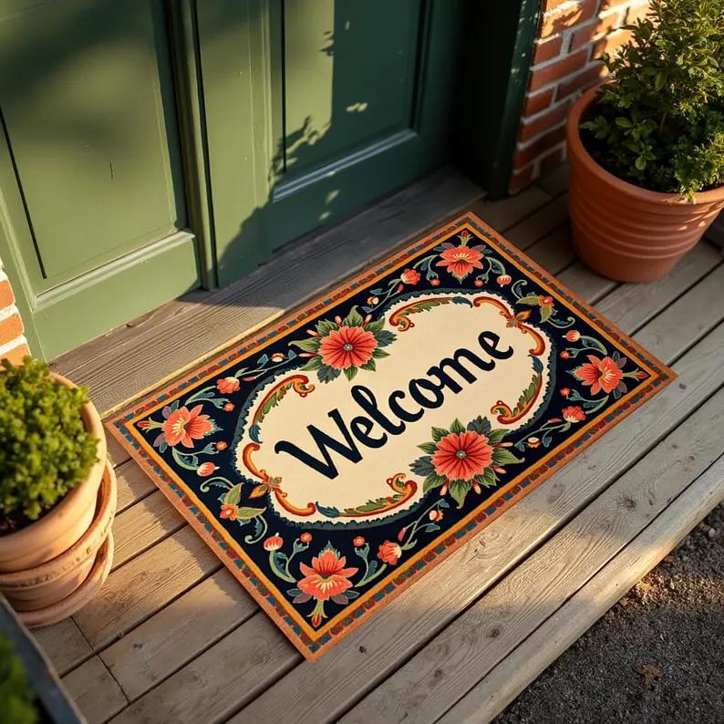 Vintage Floral Welcome Door Mat Rug Carpet Oriental Pattern Home Decoration for Entryway Patio Door Mat Kitchen Rug Welcome Mat
