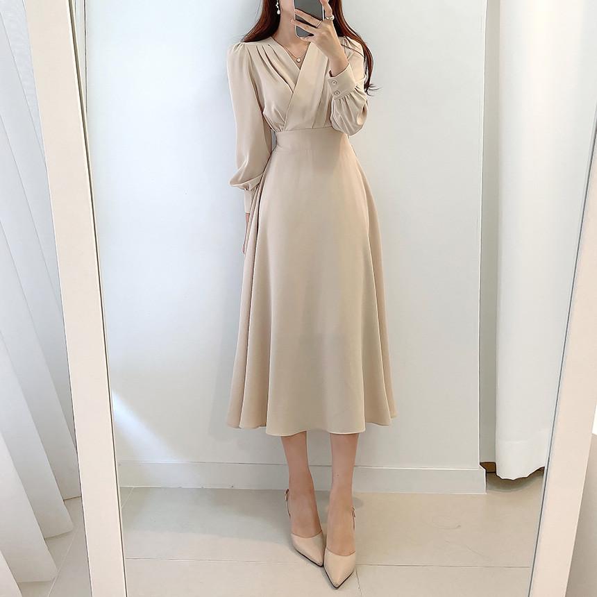 Harajuku V-neck Puff Sleeve A-line Maxi Dresses for Woman Women Solid Color Midi Robe Korean Office Dresses Elegant Spring 2026