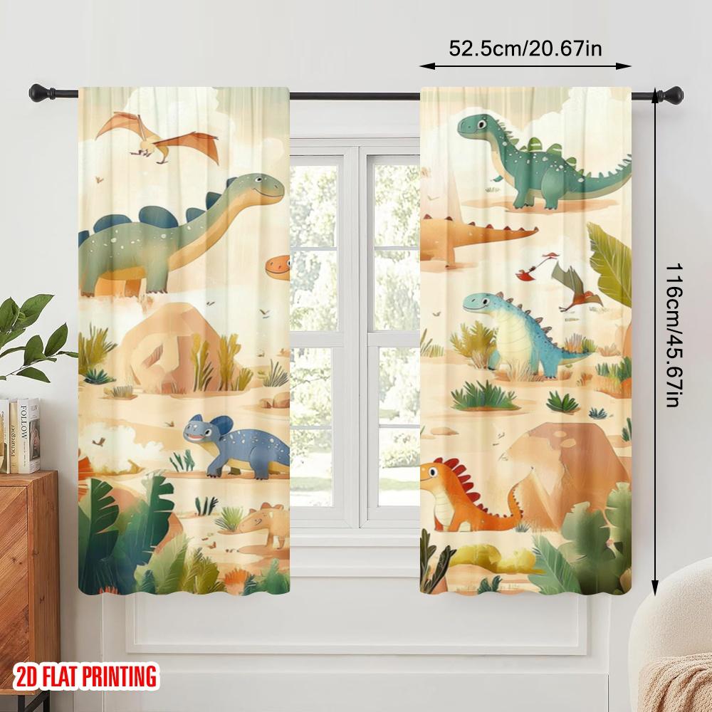 2pcs,2D Plane Printing Curtain Popular Dino Wonderland Durable 100% Polyester Fabric (without Rod) Art Deco Festive for Living