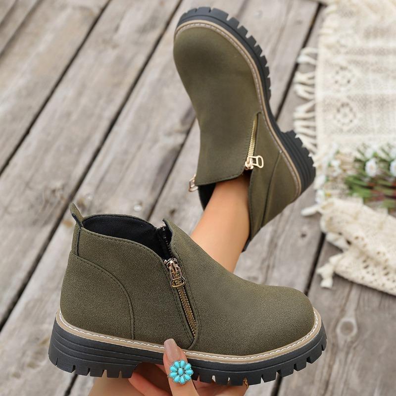 Damen Stiefeletten mit runder Zehenpartie in Überweite, Martin Boots mit Blockabsatz und Reißverschluss an der Seite, Herbst Winter Kurzstiefel für Damen