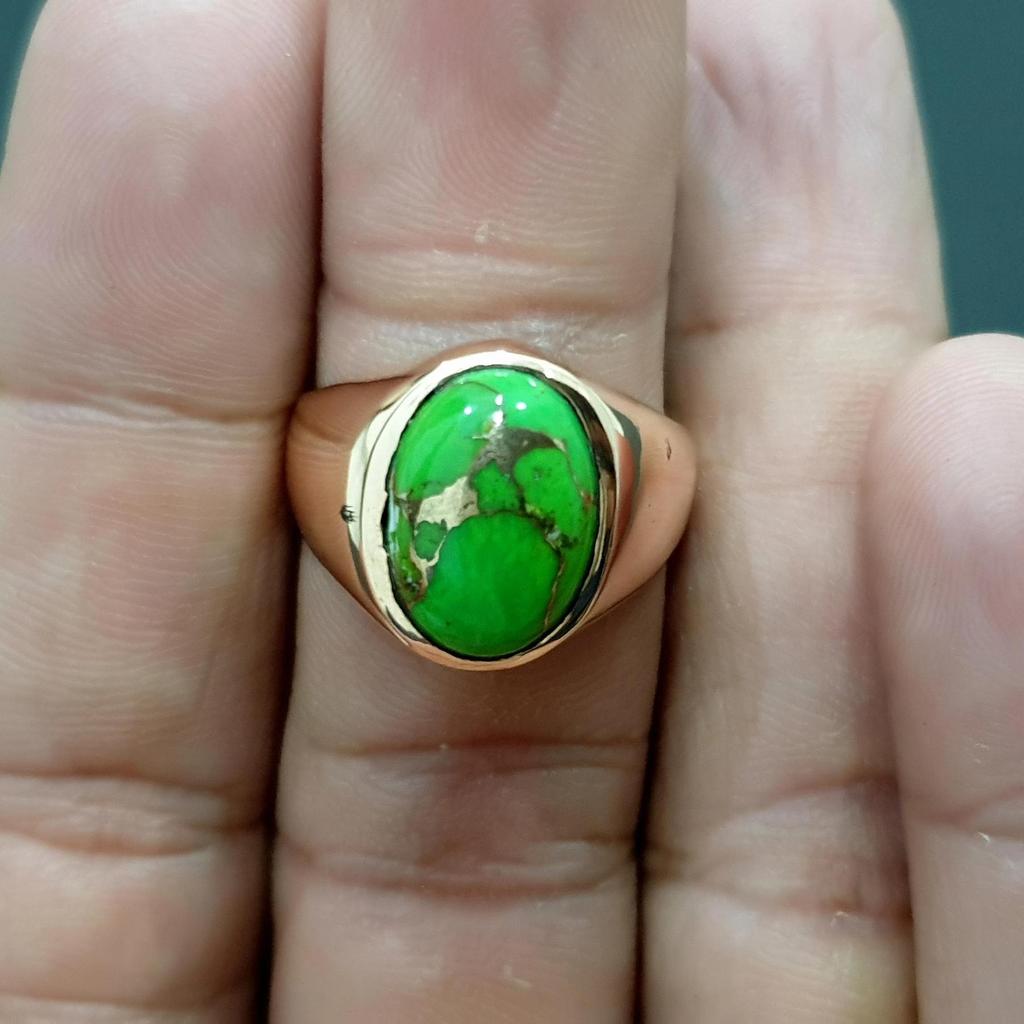 Oval Cab Green Copper Turquoise Sterling Silver Rose Gold Overlay Ring Jewelry, Handmade Turquoise Ring