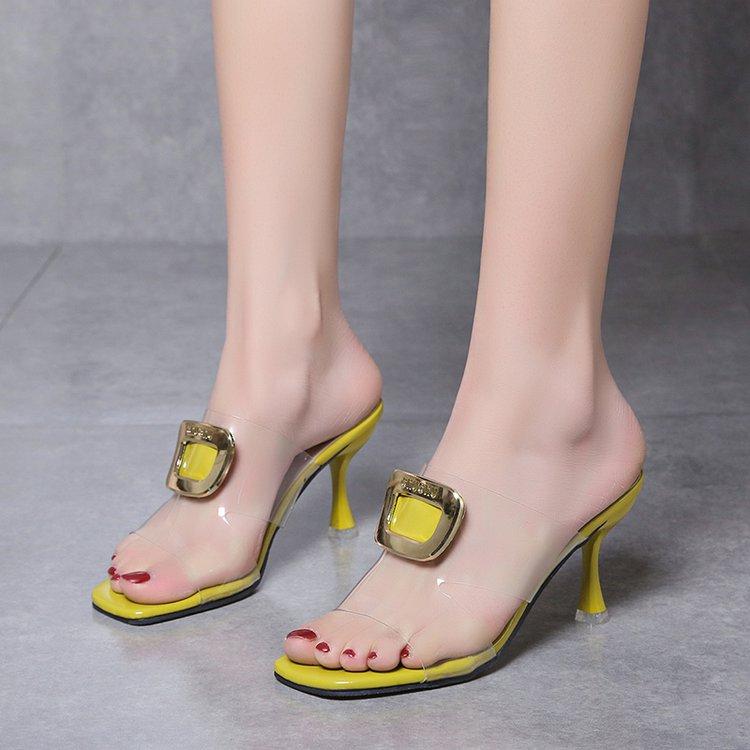 

Internet celebrity high heels women 2025 summer new fashion versatile transparent rhinestone belt buckle thin heel wear cool slippers women 34 жёлтый