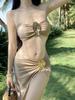 European & American Style Pleated Metal Bikini Set with Bandeau Top and Slit Skirt for Beach Vacations.