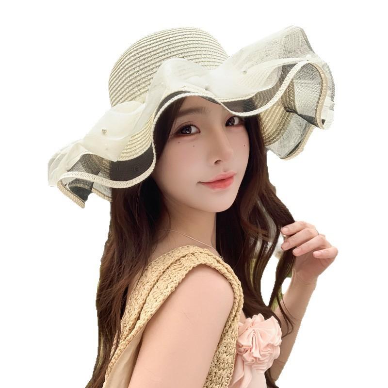 Straw Sun Hat With Wide Brim And Pearl Bow For Summer Beach Vacation