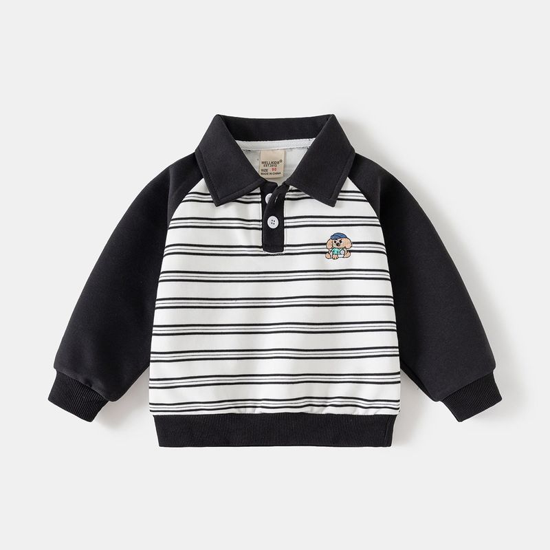 Children s Polo Collar Sweatshirt for Boys, Color-Blocked Lapel Long-Sleeve Pullover, Spring and Autumn Children s Clothing, Casual Top for Baby Boys Black Sleeves 130