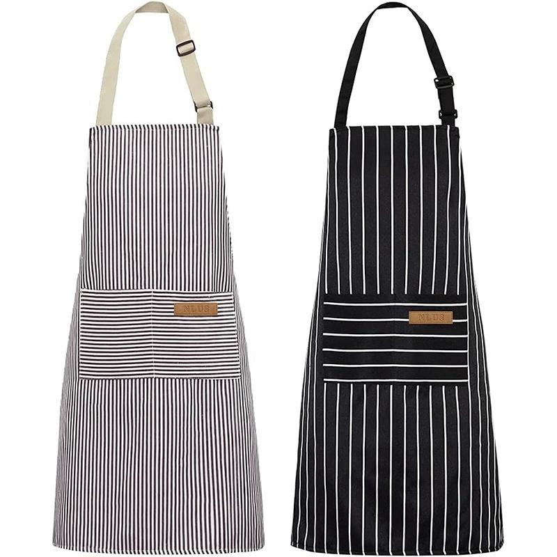 White Black Striped Man Woman Home Restaurant Kitchen Baking Nail Bib Oil Repellent Work Apron 2 Pockets Adjustable Clean Apron