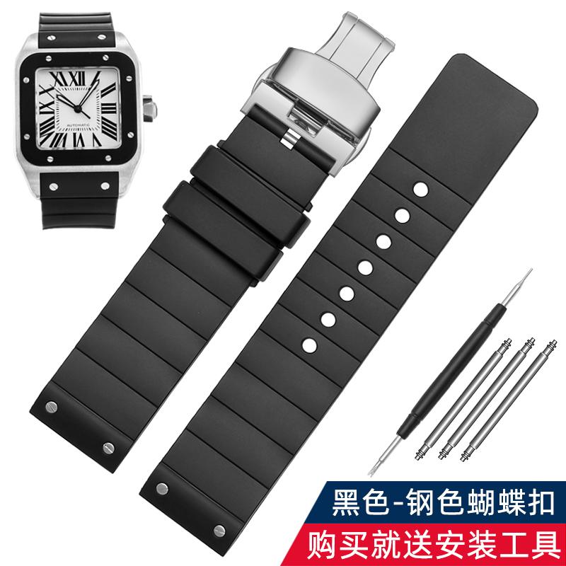 For Cartier Santos 100 Rubber Watch Band Black Rivet Silicone Strap 20mm 23mm Watch Band Men Women Brown Blue Soft Bracelet