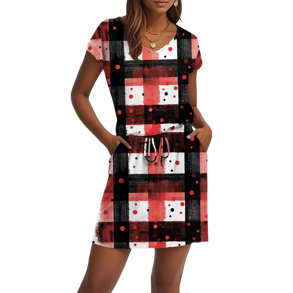 Damenmode V-Ausschnitt Kurzarm Kordelzug mit Tasche Bedruckte Freizeitkleider