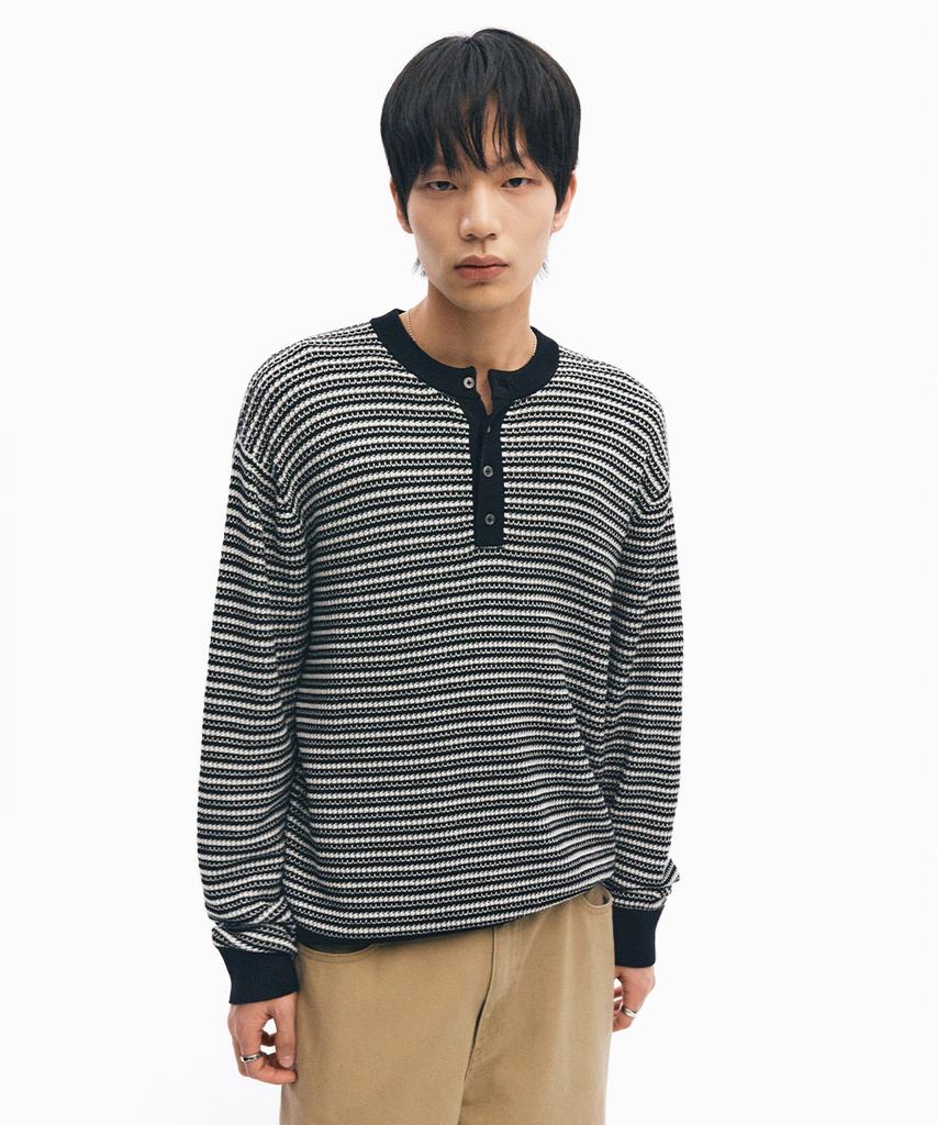 INTEMPOMOOD Pencil Stripe Henley Neck Knit _Black